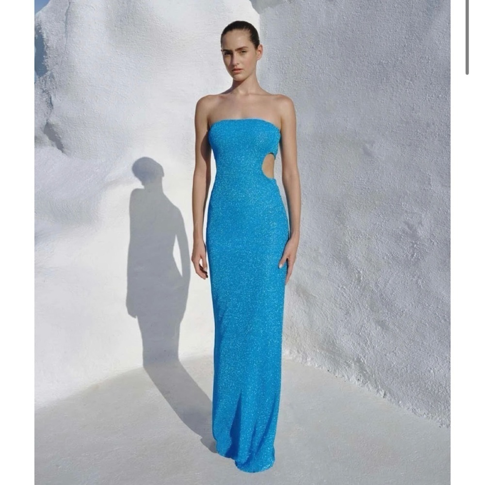 NWT Baobab Mambo Glossy Strapless Maxi Dress Juno Blue Sparkle XS